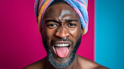 Man with a towel wrapped around his head and a tongue sticking out. The man is smiling and he is in a playful mood
