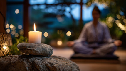 Soft candlelight glows in a darkened room, meditating woman in background in a zen garden setting indoors, blending aromatherapy and mindful spiritual practice