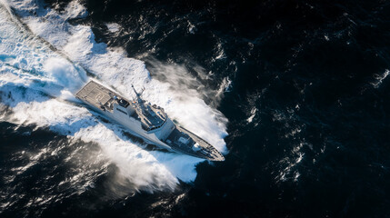 Navy vessel from above, engines roaring as it races through the ocean, high contrast between dark ship hull and sparkling sea surface, emphasizing strength and readiness