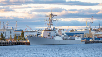 Fototapeta premium Harbor view from dockside capturing destroyerâs arrival, water gently lapping at the hull, crew members waving as ship approaches mooring
