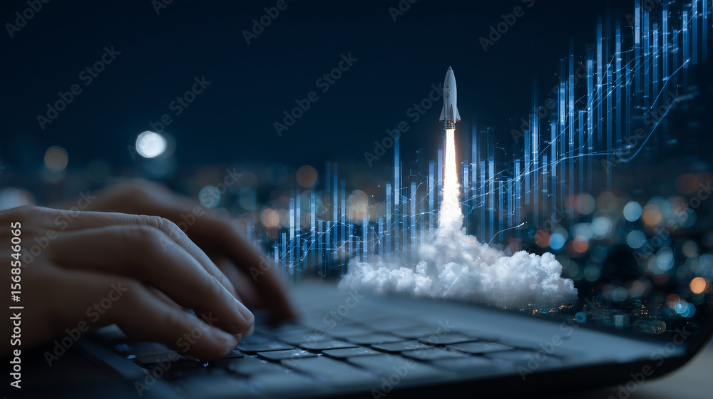 Poster dynamic scene of fingers tapping keys as a rocket graphic launches upward from keyboard, overlay of 