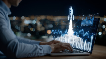 Over-the-shoulder view of entrepreneur working on laptop, holographic rocket icon ascending above keyboard, charts and graphs floating nearby illustrating business metrics and inno
