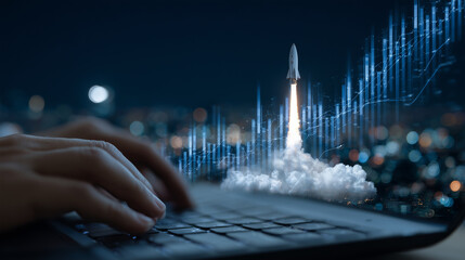 Dynamic scene of fingers tapping keys as a rocket graphic launches upward from keyboard, overlay of digital network lines and business growth graphs highlight startup success theme
