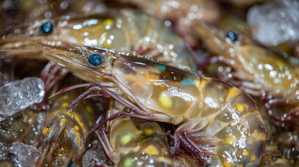Vibrant shrimp with droplets of water on icy bed, cold storage truckâs refrigeration system clearly seen on side, ready for delivery to seafood market or restaurant