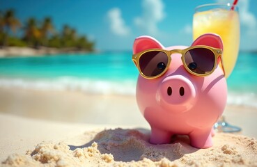 Pink piggy bank with sunglasses sits on sandy beach next to tropical cocktail. Ocean and palm trees in background suggest vacation destination, symbolizing financial savings for travel and leisure.