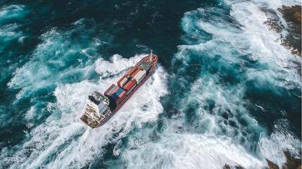 Obraz premium Aerial shot of red transport ship slicing through turquoise ocean, water sprays vivid white, sunlight sparkles on rolling waves, vessel surrounded by endless sea and bright blue sk