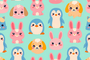 Adorable Kawaii Animal Seamless Pattern: Pink Bunnies, Penguins, and Puppies on Mint Green Background
