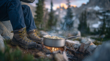 Man wearing backpack and hiking boots prepares hot meal over open flame in tranquil forest clearing, smoke rising gently into cool mountain air, adventure travel mood
