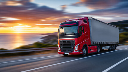 Red European tractor-trailer rolls along coastal highway at dusk, sun low on horizon paints sky in fiery hues, cargo secure under tarp, representing cross-country delivery and logi