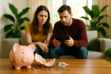 Financial Hardship Concept with Broken Ceramic Piggy Bank, Scattered Coins, Distressed Couple, social media posts, marketing materials about recession impacts, financial planning, or emergency savings