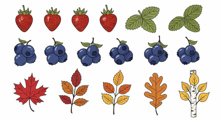 Set of 14 whimsical doodle illustrations of foraged forest items. Include 6 wild strawberries (bright red with tiny yellow seeds), 5 clusters of blueberries (deep indigo)