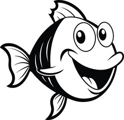 Joyful Wide-Eyed Cartoon Fish Character Outline - Happy Aquatic Animal & Underwater Life Vector