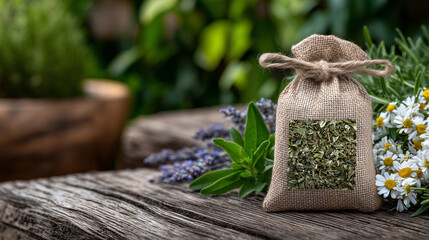 Obraz premium Zero waste packaging of dry herbal mix standing on rustic wooden table, herbs like rosemary, thyme, and chamomile peeking out, surrounded by fresh leaves and natural twine, eco-con