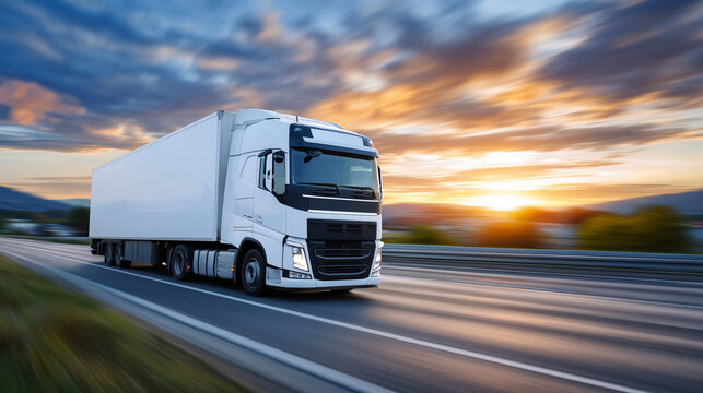 European freight truck speeding down open highway under vast fiery sunset sky, motion and light trails emphasize movement, heavy transport and delivery industry concept - Powered by Adobe