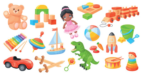 Cartoon toys. Child baby toy, plush bear cute kid doll childish car dinosaur wooden block ball toddler playground gaming kindergarten fun play game set, neat vector illustration