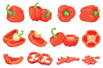 Cartoon bell peppers. Red green yellow sweet pepper, paprika spice farm isolated vegetables whole half ring slice vegetarian salad ingredient vegetable set neat vector illustration