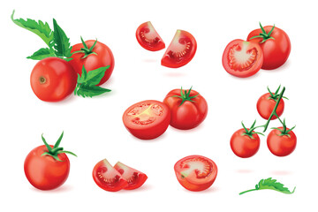 Realistic tomato. 3d isolated tomatoes half cut slice, fresh red vegetable with leaf raw fruit sweet cherry pomodoro healthy food ketchup ingredient, set exact vector illustration
