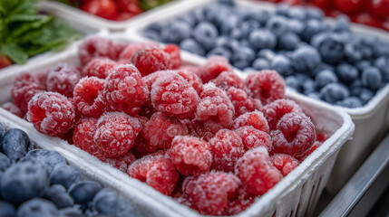 Frozen fruit drawer pulled halfway out showing colorful assortment of raspberries and blueberries covered with delicate frost, emphasizing freshness and natural goodness for culina