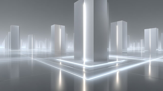 Clean white server corridor with glowing blue lights and symmetrical structure ideal for SaaS branding cloud marketing and futuristic tech presentations