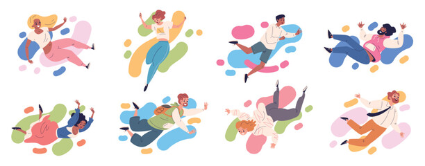 People abstract flying. Freedom, imagination concept find creative idea man woman floating in dreams inspiration virtual universe exploration characters classy vector illustration