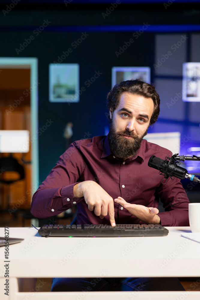 Poster man filming keyboard disassembly guide doing tutorial on how to do maintenance. technology internet 