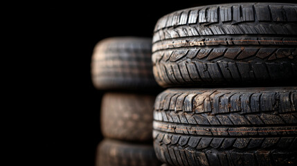 Group of worn tires stacked against black backdrop, detailed tread ridges and cracks visible, gritty texture conveying recycling, sustainability, and tire shop environment
