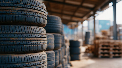 Grouped used tires piled high, detailed tread visible with dirt and wear marks, industrial warehouse setting, highlighting reuse in tire shop and environmentally friendly recycling