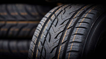 Obraz premium Artistic close-up of stacked tires focusing on symmetrical tread grooves, dusty rubber texture contrasted against dark background, representing road safety, maintenance, and eco re