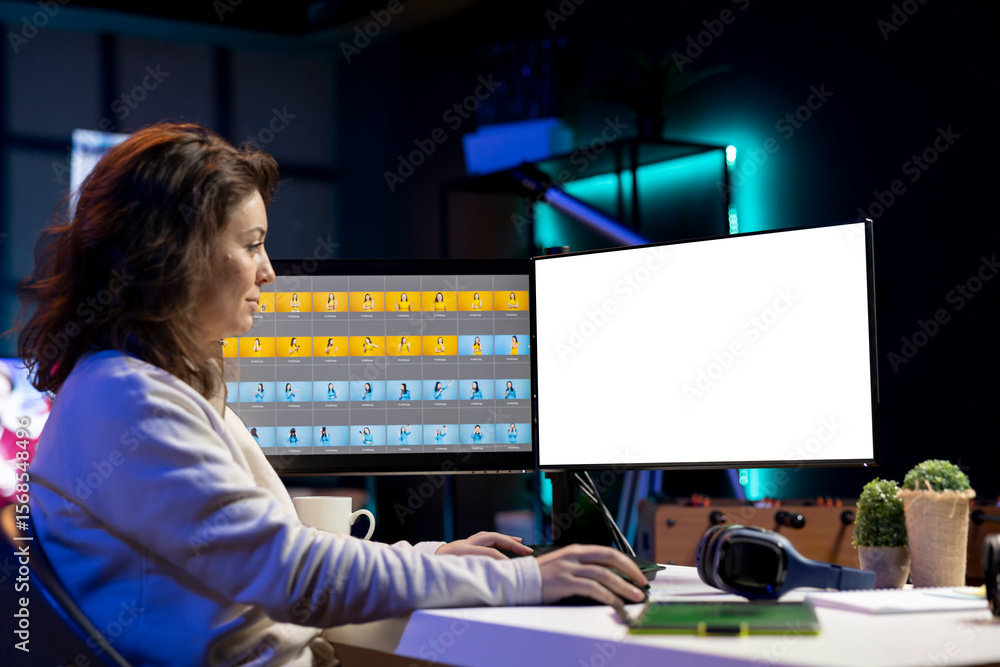 Poster freelancer working on isolated screen pc on digital portfolio showcasing photoshoot edited images. p