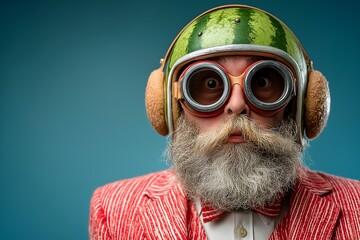Man wearing watermelon helmet and goggles, looking silly