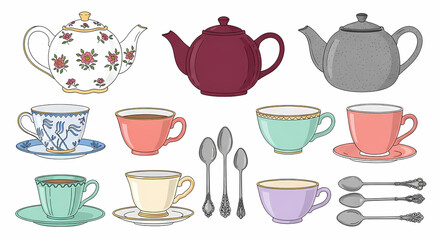 Hand-drawn collection of 11 cozy tea-time illustrations. Feature 3 steaming teapots (floral china pattern, matte burgundy, speckled grey), 5 mismatched teacups (willow pattern blue, solid coral, mint 