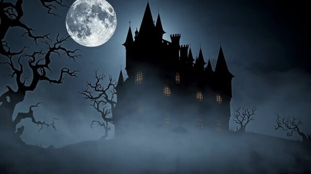 Scary Halloween castle under a full moon in the dark night. Illustration of a gothic and eerie landscape