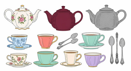Hand-drawn collection of 11 cozy tea-time illustrations. Feature 3 steaming teapots (floral china pattern, matte burgundy, speckled grey), 5 mismatched teacups (willow pattern blue, solid coral, mint 