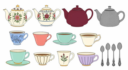 Hand-drawn collection of 11 cozy tea-time illustrations. Feature 3 steaming teapots (floral china pattern, matte burgundy, speckled grey), 5 mismatched teacups (willow pattern blue, solid coral, mint 