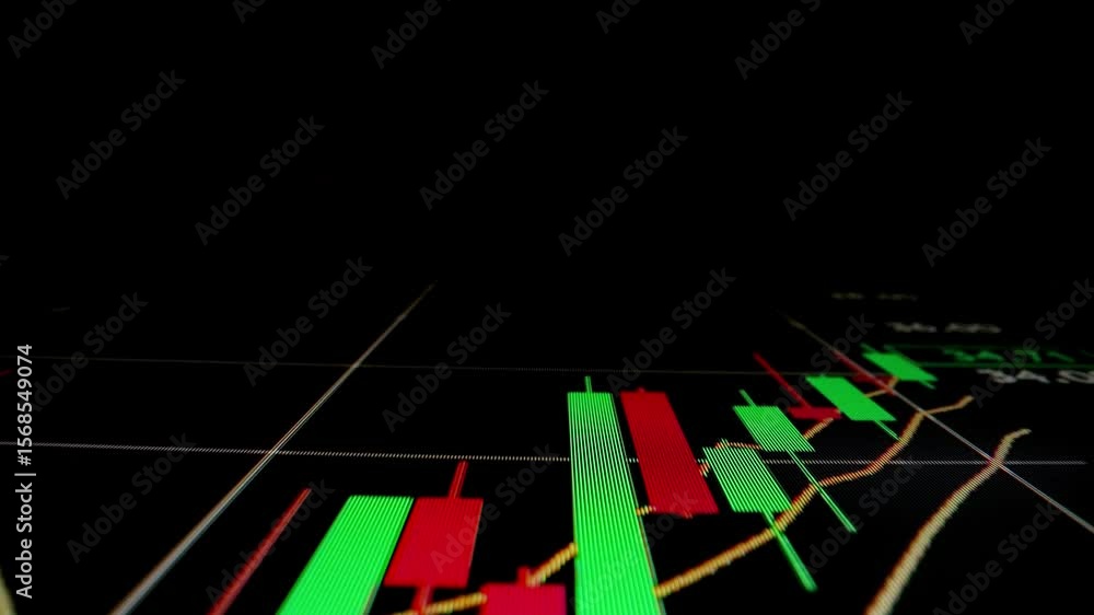 Poster closeup macro shot movement of stock graph displayed on led screen showing growth chart as economic 