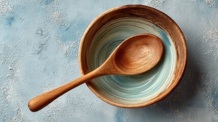 Minimalist mindful living idea. Wooden bowl and spoon on textured surface.