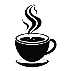 Steaming Black Coffee Cup and Saucer Icon with Swirling Steam - Hot Beverage Symbol for Cafes, Mornings, and Relaxation