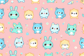 Adorable pastel kawaii animal seamless pattern: bunnies, cats, and lions on pink background; cheerful, playful mood; perfect for kids' products.