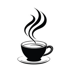 Steaming Black Coffee Cup and Saucer Icon - Hot Beverage Minimalist Symbol for Cafes, Restaurants, and Morning Rituals