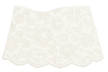 Delicate white lace fabric featuring scalloped edges, presenting soft texture and elegant design against transparent background, ideal for wedding-related creative work