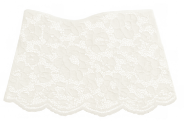 Delicate white lace fabric featuring scalloped edges, presenting soft texture and elegant design against transparent background, ideal for wedding-related creative work