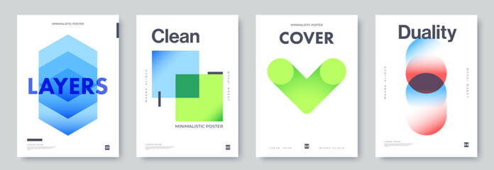 Collection of minimalistic geometric posters with gradient shapes and clean typography. Modern abstract design in vibrant colors. Ideal for branding, banner, contemporary wall art.