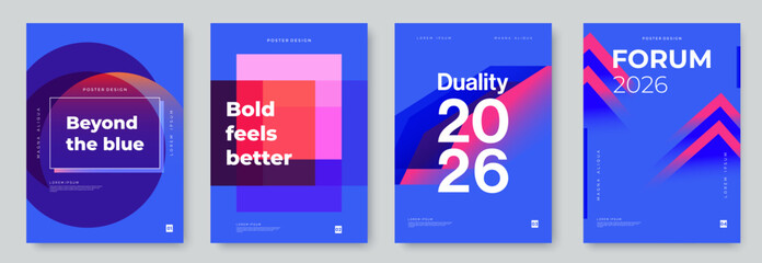 Set of bold abstract posters in blue and pink gradients with modern typography. Ideal for events, business conferences, creative branding, or contemporary wall art. Trendy futuristic design.