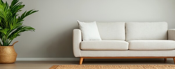 Minimalist mindful living idea. Cozy living room with a couch and a decorative plant.