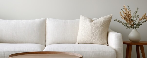 Obraz premium Minimalist mindful living idea. Cozy living room with textured sofa and decorative plant.