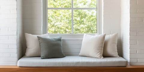 Minimalist mindful living idea. Cozy window seat with cushions and natural light.