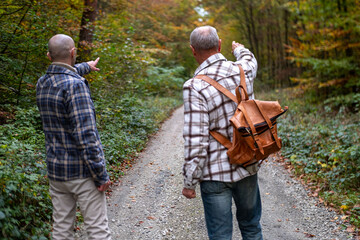 Two men walking together, Happy Mature friends walking together, Older father and young adult son,...