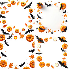 Halloween decorations with orange pumpkins and black bats on white  