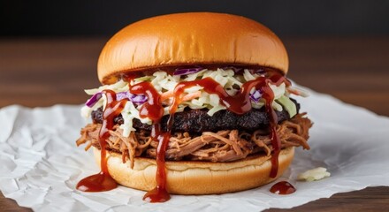 A close-up of a mouthwatering barbecue pulled pork burger with coleslaw and sauce
