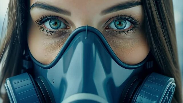 Woman in Gas Mask: Close-up of a woman's intense green eyes peering from behind a dark teal gas mask, creating a dramatic and mysterious atmosphere.